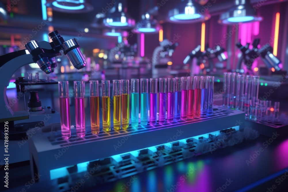 Poster futuristic laboratory with colorful liquids in test tubes and microscopes in the background science 