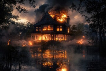 Fototapeta premium A burning, haunted mansion reflects in a dark swamp
