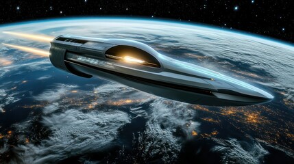 Obraz premium A large spaceship orbits the Earth, with glowing thrusters, background wallpaper AI generated image
