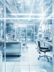 Interior view of cleanroom laboratory with equipment and furniture for pharmaceutical research and development in a science facility