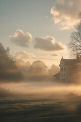 House in Foggy Countryside with Soft Sunlight