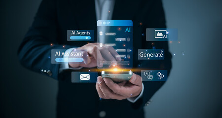 Automation technology, Future digital communication, Businessman using smartphone with AI chatbot interface Representing artificial intelligence assistant, Virtual customer service, Machine learning.