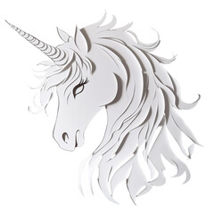 Elegant White Unicorn Head Paper Art with Flowing Mane and Glittering Horn on transparent background