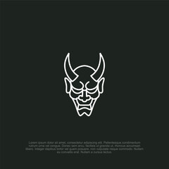 Minimalist Oni Mask Graphic: A stark white outline against a dark backdrop captures the essence of Japanese oni mask folklore in a uniquely stylized and contemporary design
