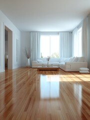 Obraz premium Bright living room interior design with white sofa and hardwood floors in modern home setting daytime view