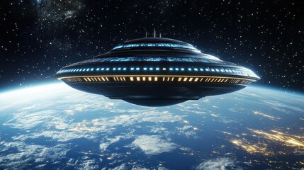 Obraz premium A large spaceship above Earth, with a glowing energy field, background wallpaper AI generated image