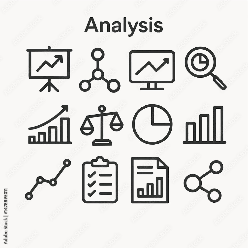 Poster a set of business icons for web and design, featuring symbols like arrows, charts, graphs, buttons, 