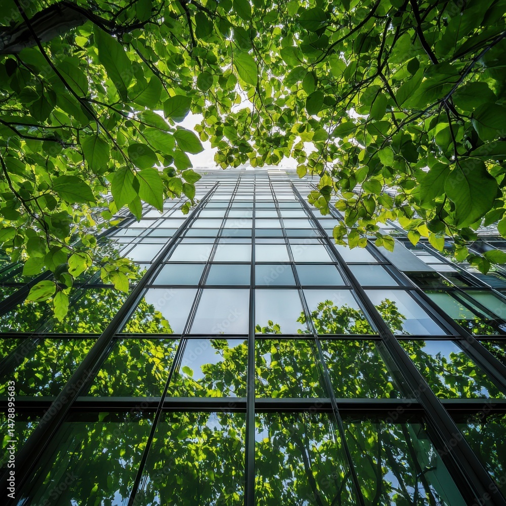 Poster low angle view of glass skyscraper reflecting trees and sky in urban environment showcasing nature a