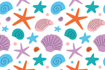 Seamless cartoon pattern with seashells, sea stars and conch shells. Flat vector illustration for summer designs, beach prints, wrapping paper, textile, kids projects and vacation decoration