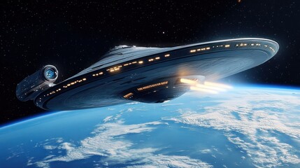 A giant spaceship orbiting Earth, with active defense systems background wallpaper AI generated image