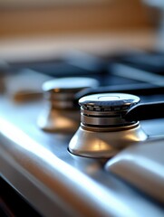 Close-up of stainless steel gas stove knobs with shallow depth of field in a modern kitchen setting