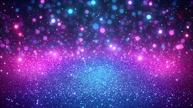 Neon glitter background. Grain texture. Defocused sparkles. Bokeh glow. Fluorescent blue magenta pink color gradient light shimmering sequin pattern. Abstract modern Purple Glitter Background