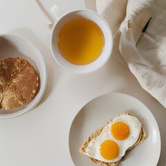 Breakfast, bread and egg, pancake and fruit, delicious