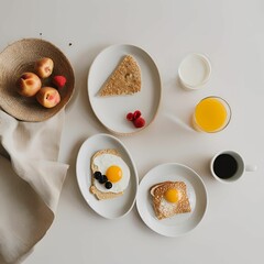 Breakfast, bread and egg, pancake and fruit, delicious