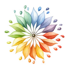 Fototapeta premium Artistic watercolor illustration of vibrant colorful leaves in radial design