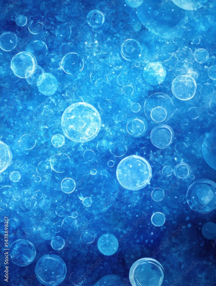 Poster abstract blue background with floating transparent bubbles and bokeh effect underwater style