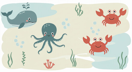 Naklejka premium Cute sea animals pattern for baby products (whale, octopus, crab)