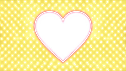 A large white heart with a soft pink outline is centered against a bright yellow backdrop adorned with glowing white dots. The cheerful and elegant composition evokes themes of love, positivity, and c