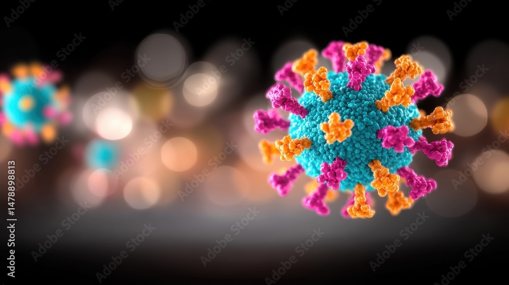 Aufkleber detailed 3d representation of a virus with vibrant spikes hovering in a hazy setting, illustrating m