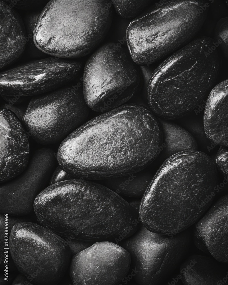Poster top-down studio shot of smooth black river stones creating a textured background with natural light 