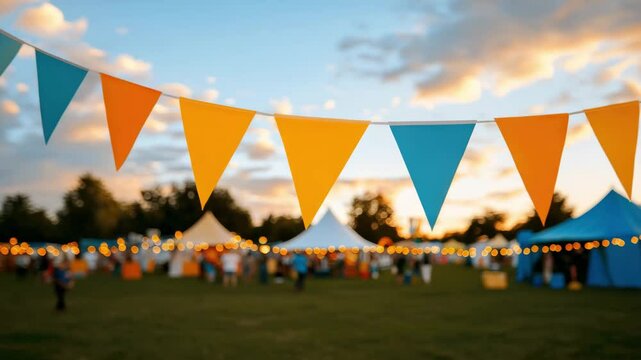Colorful Flags and Lights Decorate a Festive Outdoor Gathering Scene