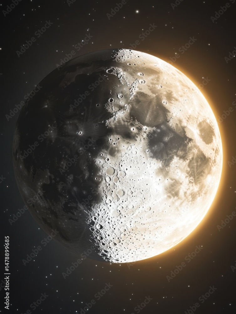 Poster detailed view of the moon in space with visible craters and stars in the background astronomy photog
