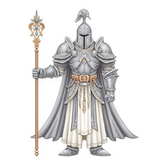 Obraz premium A brave knight stands tall in shining armor holding a golden staff upright.