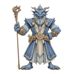 A blue dragon wizard stands proudly wielding a golden staff in full attire.