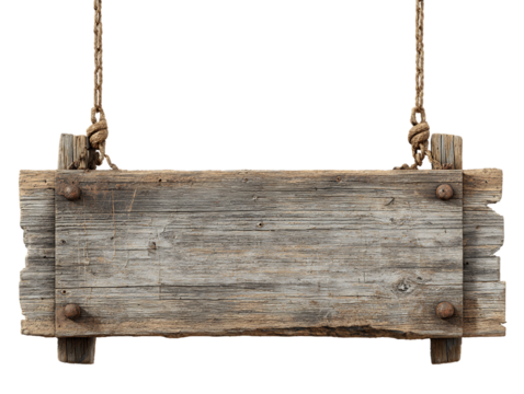 Rustic Weathered Gray Wooden Hanging Sign with Ropes on Transparent Background, PNG