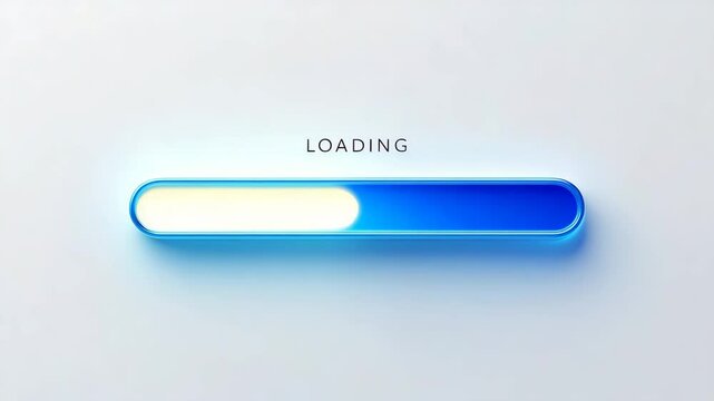 Futuristic blue glowing loading bar fills smoothly from left to right on a clean white background with soft depth of field. Perfect for modern UI design, apps, dashboards, system loading and UX demos