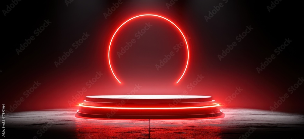 Poster illuminated red platform with circular neon light.