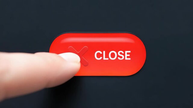 Glossy transparent close button with a red X icon and white text pulses subtly as if ready to be tapped. Modern UI animation for cancel actions, web interfaces, app design, UX elements, and alerts