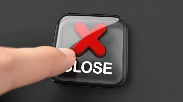 Glossy black UI button with red X icon and the word close pulses as a human finger approaches. Futuristic interface animation for cancel actions, app design, system alerts, UX elements, and web UI