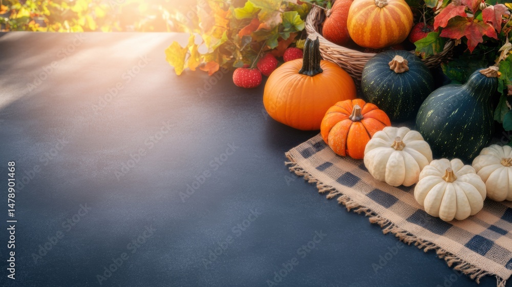 Poster various pumpkins in different colors and sizes are arranged on a rustic table surrounded by vibrant 