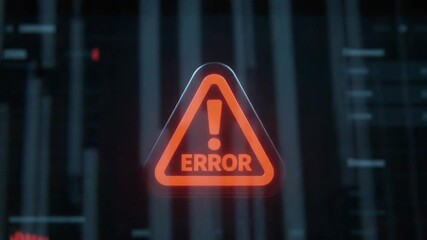 A glowing red error warning triangle with an exclamation mark and the word error in bold text pulses on a dark tech interface. Futuristic system alert animation with neon light and digital UI effects - Powered by Adobe