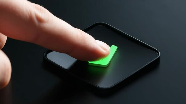 A male finger gently taps a glowing green checkmark icon on a sleek black square button. Elegant animation highlights confirmation or approval. Ideal for app UI, success messages, modern interface des