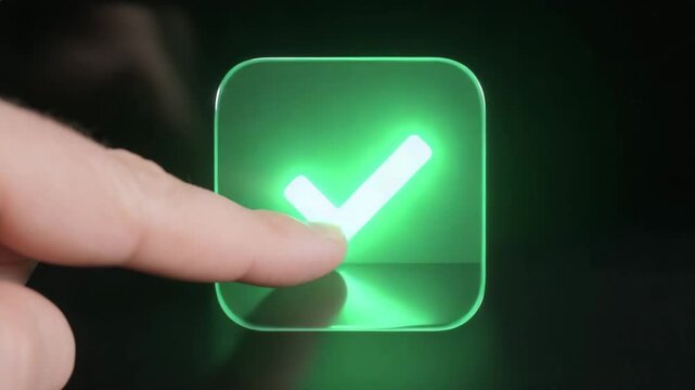 A realistic male finger taps a glowing green checkmark button on a dark UI screen. Confirmation animation with soft lighting and modern interface style. Ideal for apps, approvals, or success actions