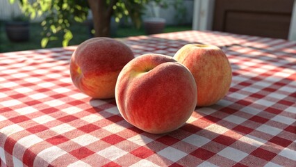 Three Ripe Peaches on Red and White Checkered Tablecloth in Outdoor Garden Setting with Sunlight and Shadows