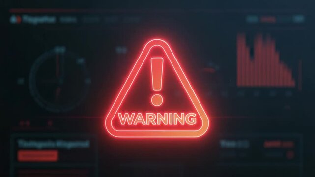 Red glowing warning triangle icon with exclamation mark and the word warning, displayed on futuristic dark dashboard UI with charts. Perfect for alerts, errors, cybersecurity, system failure