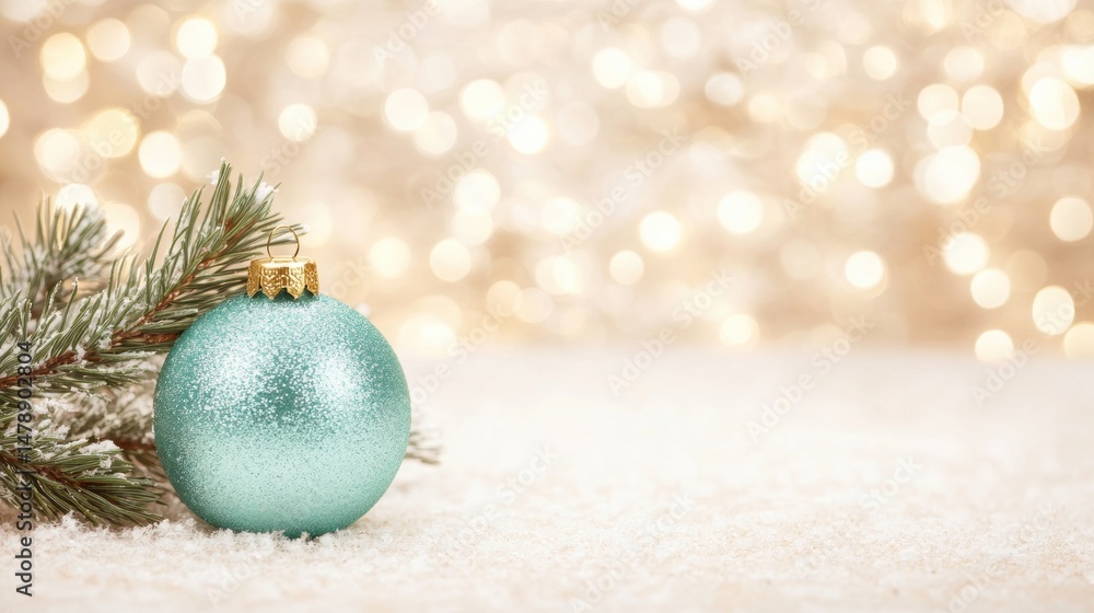 Poster teal ornament rests on a snowy surface with an evergreen branch next to it, creating a peaceful wint
