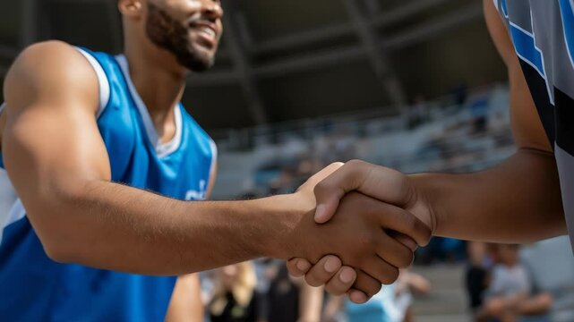 Athletes from different countries shaking hands before a game