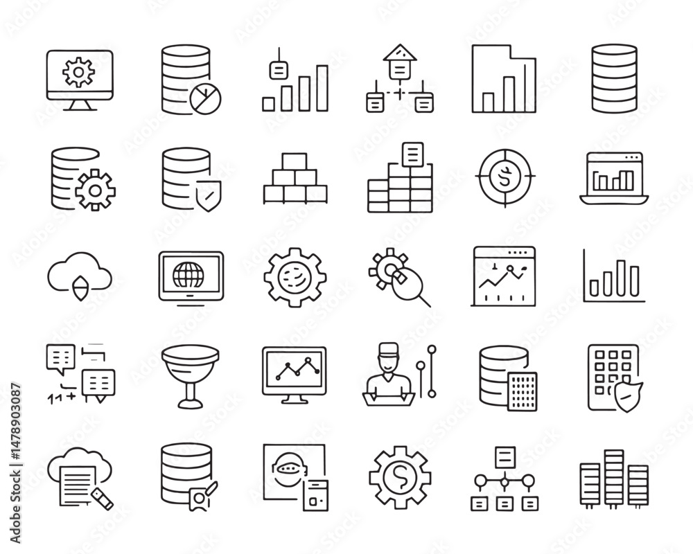 Poster data collection line art icon set for digital analytics