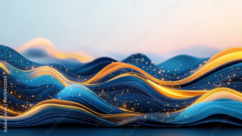 Poster flowing waves in shades of blue and gold shimmer in the soft light of dawn, creating a serene and ca