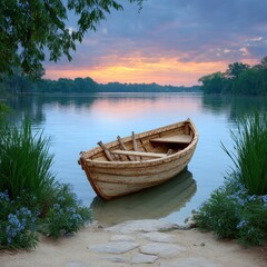 Obraz premium Weathered Wooden Rowboat on a Serene Lake at Sunrise