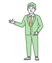 身ぶりを交えて案内しているスーツ姿のビジネスパーソン
