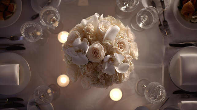 Elegant wedding table with floral centerpiece and fine china, radiating timeless romance and sophistication