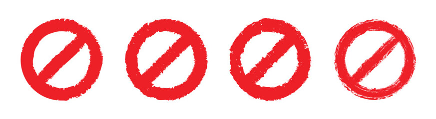 Grunge prohibition sign. Empty prohibition sign, no symbol. Red stop sign vector illustration set. Forbidden sign in red ink stamp.