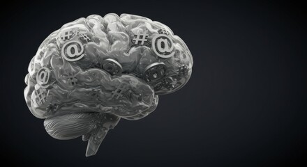 A grayscale 3d model of a brain interwoven with digital symbols.