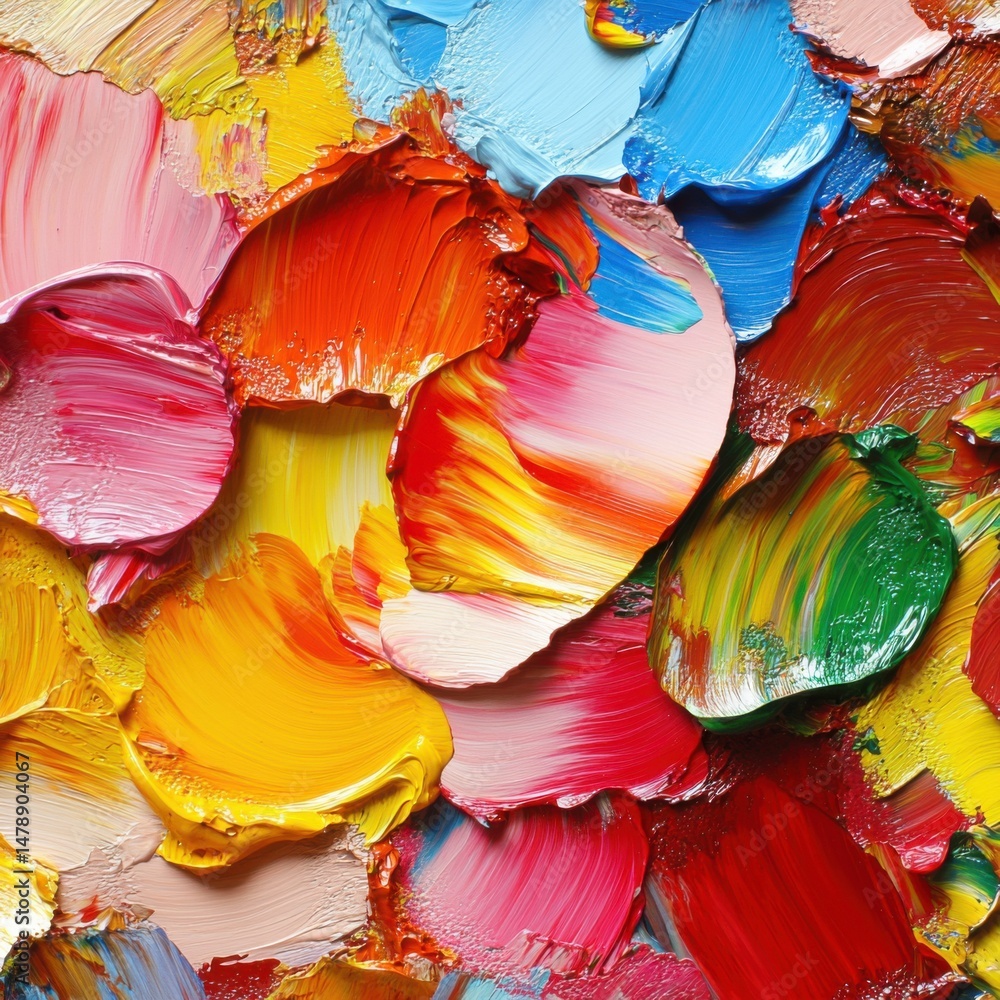Poster impasto oil paint strokes close-up view showing texture and vibrant colors in an abstract expression