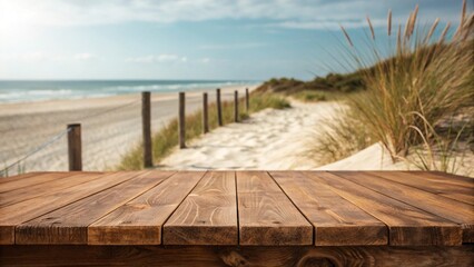 Fototapeta premium Wooden floor or plank on sand beach in summer. For product display. Calm Sea and Blue Sky Background.